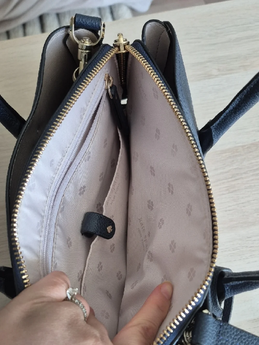 kate spade Medium Margaux Satchel navy pebbled leather satchel with gold accents - Picture 4 of 9